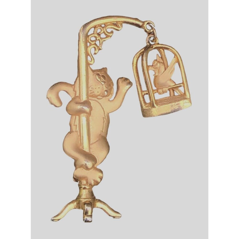 Vintage JJ Jonette Gold Tone 3D Cat & Bird Cage Dangle Brooch Signed